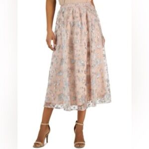 Anne Klein Floral Sequin Lace Mesh Elastic Waist Midi Skirt Pink Silver Sz L